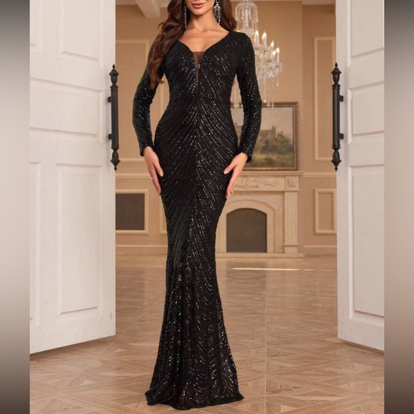 Luxe V neck long sleeve party formal evening sequins gown dress - Picture 3 of 6